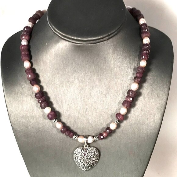 Genuine Ruby Gemstone Pearl Heart 925 Victorian Sterling Silver Necklace Pendant - Picture 9 of 10